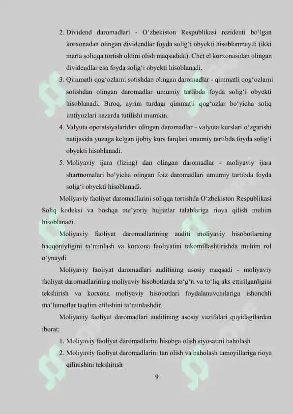 Moliyaviy faoliyat bo'yicha olingan daromadlar auditi va ularning tahlil 8