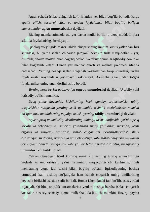 Agrar munosabatlar va uning Oʻzbekiston iqtisodiyotidagi oʻrni 7