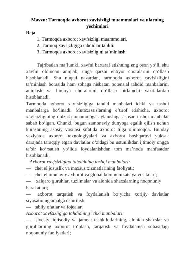 Tarmoqda axborot xavfsizligi muammolari va ularning yechimlari