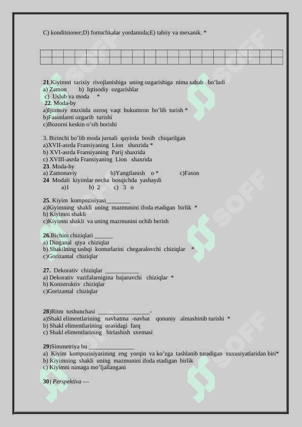 TIKUVCHILIK  FANIDAN  MAVZULASHTIRILGAN TEST 4