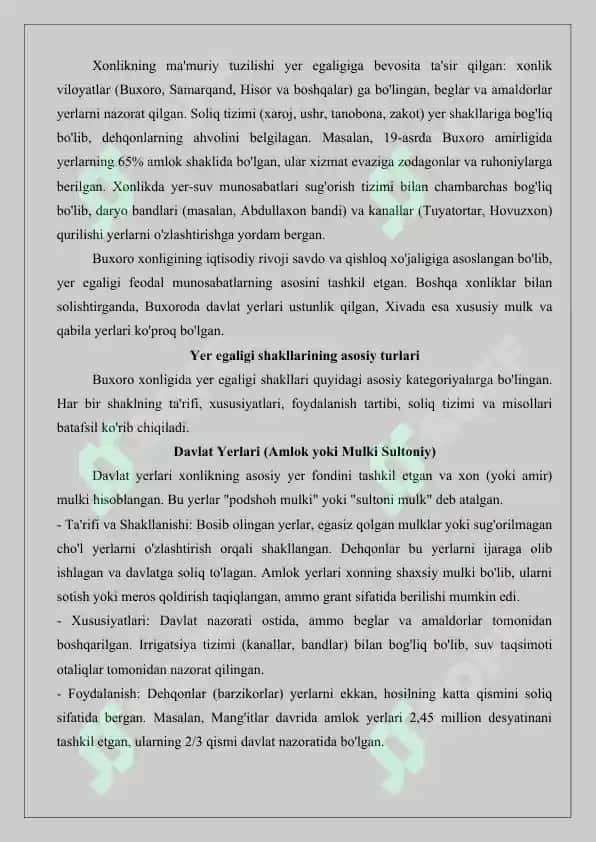 Buxoro xonligida yer egaligi shakllari tezis. 2