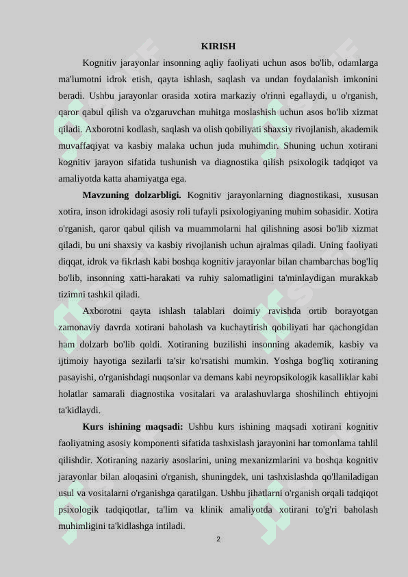 Bilish jarayonlari diagnostikasi. Xotira. 2