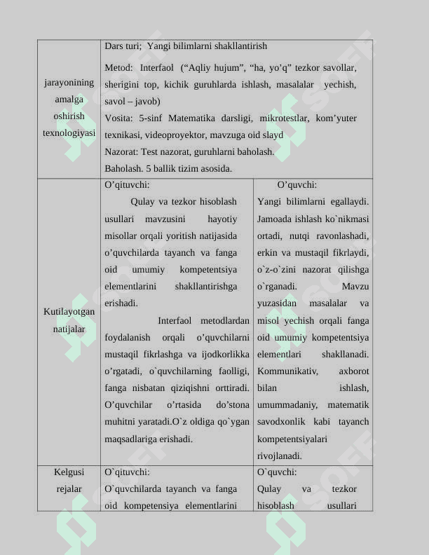5-sinf matematika .Qulay va tezkor hisoblash usullari dars ishlanma 3