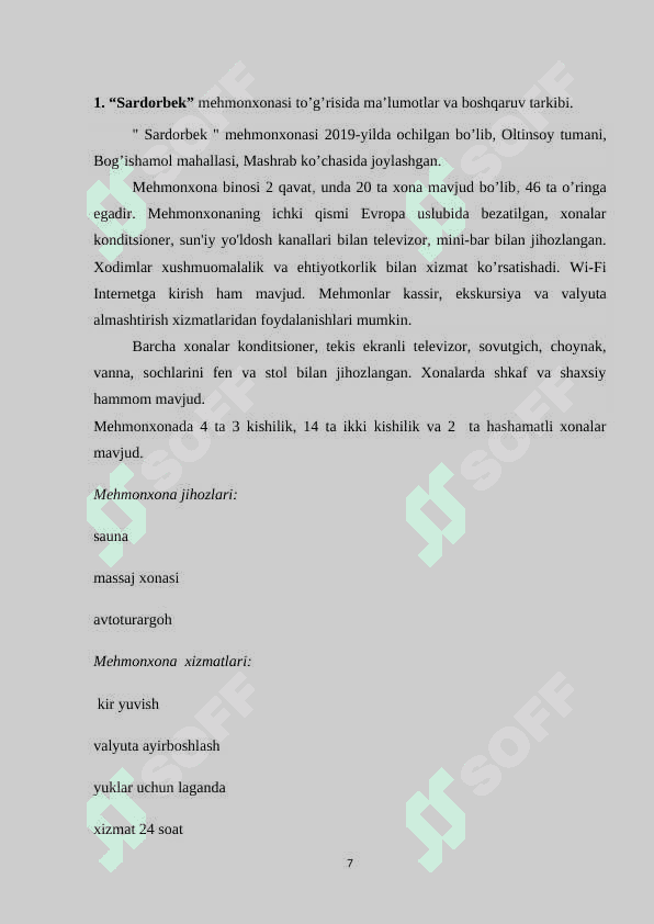 “Sardorbek” mehmonxonasi to’g’risida ma’lumotlar va boshqaruv tarkibi 7