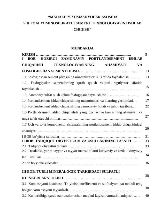 “MAHALLIY XOMASHYOLAR ASOSIDA SULFOALYUMINOSILIKATLI SEMENT TEXNOLOGIYASINI ISHLAB CHIQISH”