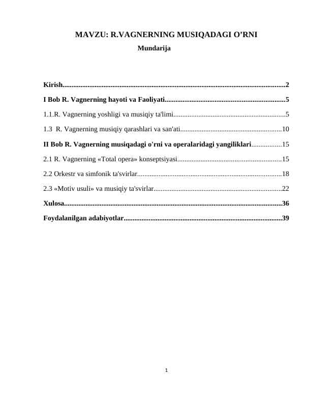 R.VAGNERNING MUSIQADAGI O’RNI
