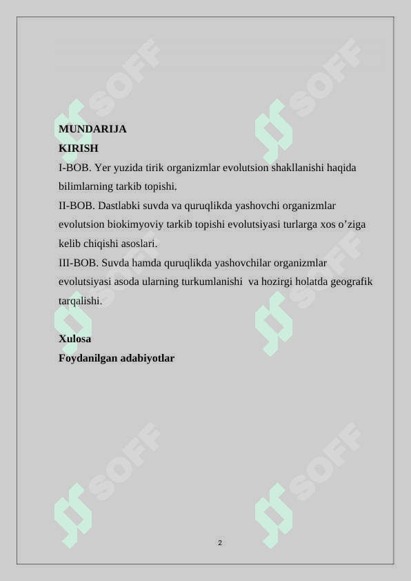 Suvda hamda quruqlikda yashovchilar kelib chiqishi va evolyutsiyasi. Kurs ishi 2