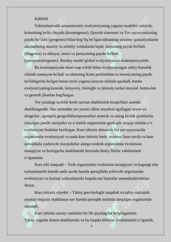 Suvda hamda quruqlikda yashovchilar kelib chiqishi va evolyutsiyasi. Kurs ishi 3