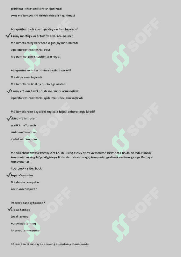 Informatika fanidan 200 talik test, javoblari bilan 2