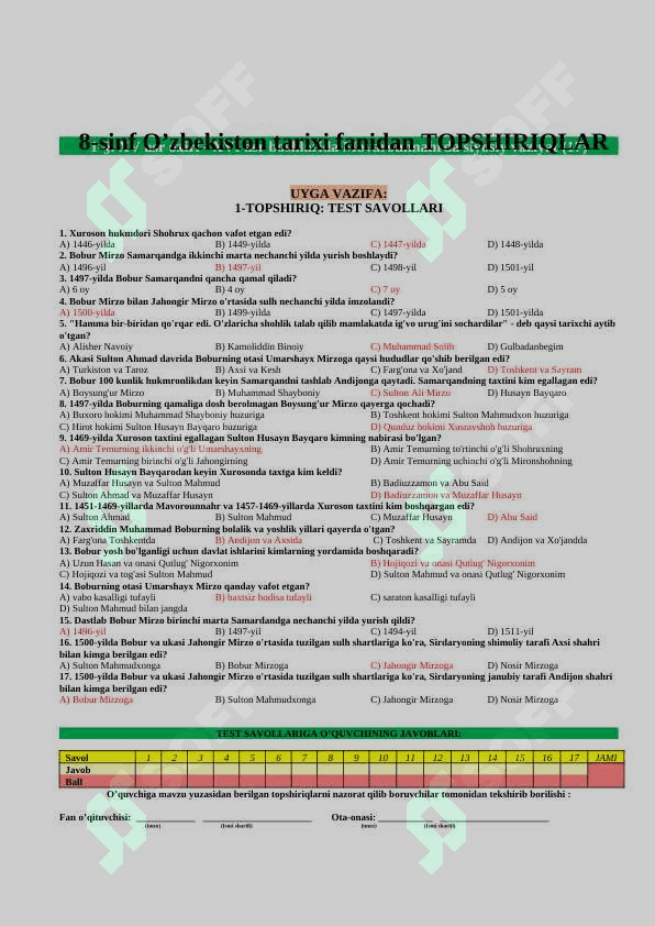 8_Sinf_O'zbekiston_tarixi_mavzulashtirilgan_test_Javoblari_bilan dars ishlanma 3