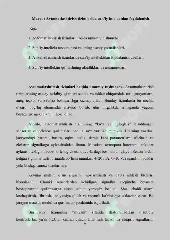 Avtomatlashtirish tizimlarida sun’iy intelektdan foydalanish. 2