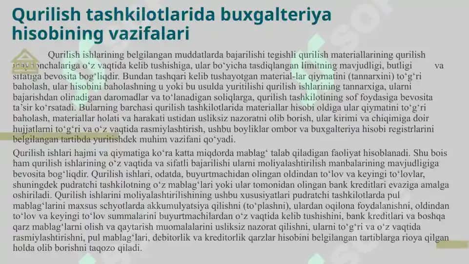 QURILISH TASHKILOTLARIDA BUXGALTERIYA HISOBINI TASHKIL QILISH 8