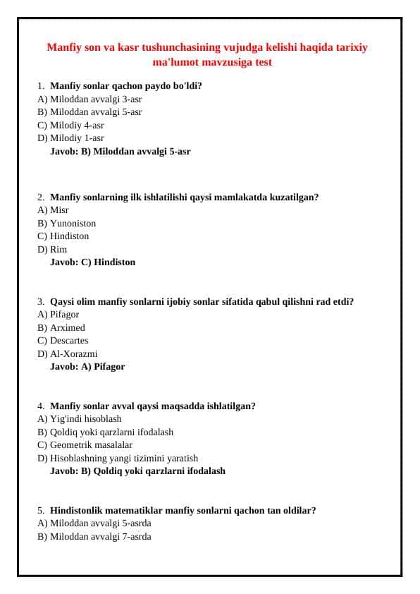 Manfiy son va kasr tushunchasining vujudga kelishi haqida tarixiy ma'lumot mavzusiga test