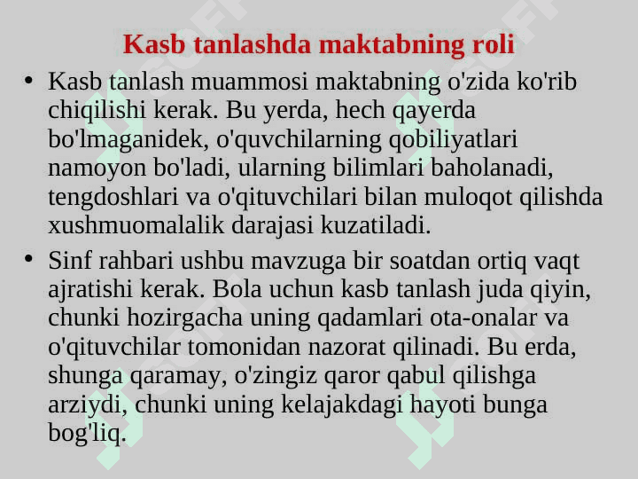 Kasb  tanlashda   o’quvchilarga     /  ta’sir    etadigan    omillar.Ta’lim-tarbiya,irsiyat,muxit. 2