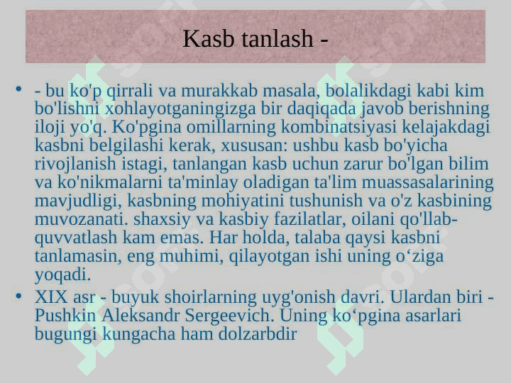 Kasb  tanlashda   o’quvchilarga     /  ta’sir    etadigan    omillar.Ta’lim-tarbiya,irsiyat,muxit. 8