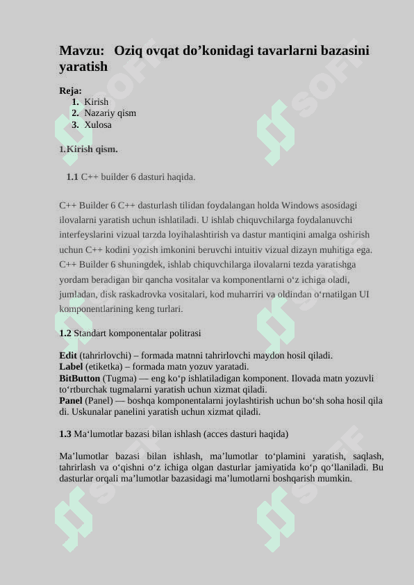 C++ tilida Xe3 dasturida oziq ovqat tovarlar bazasi dasturi 2
