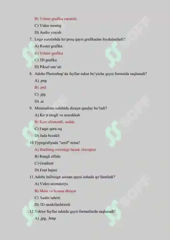 Grafik dizayn fanidan 50 ta test savollari javoblari bilan 2