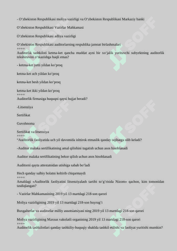 audit fanidan test, 200 talik javoblari bilan 5