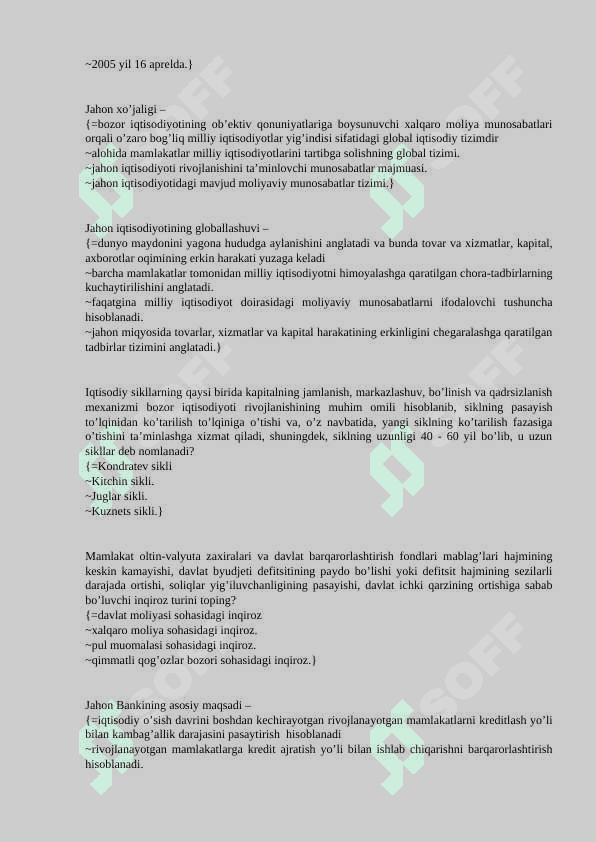 xalqaro moliya munosabatlari fanidan test, 200 talik javoblari bilan 6