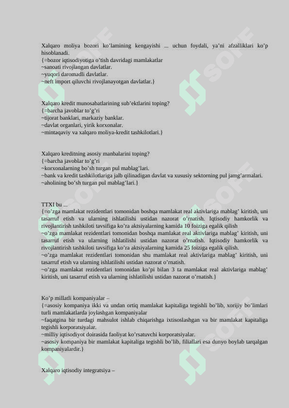 xalqaro moliya munosabatlari fanidan test, 200 talik javoblari bilan 8
