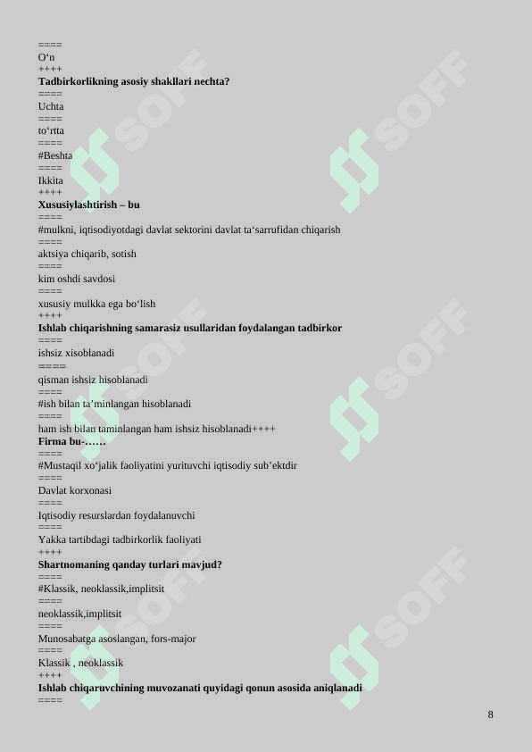 mikroiqtisodiyot fanidan test, 200 talik javoblari bilan 8