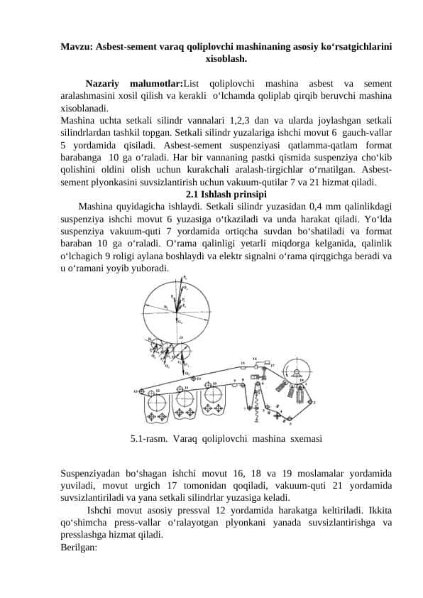 Asbest-sement varaq qoliplovchi mashinaning asosiy ko‘rsatgichlarini xisoblash.