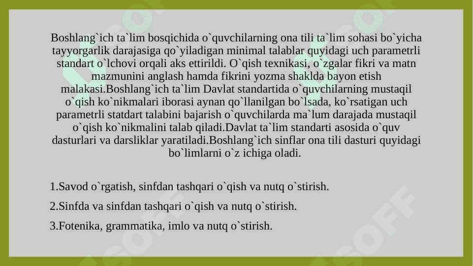 BOSHLANG'ICH TA'LIM DAVLAT STANDARTINING MAZMUNI NEGIZINI BELGILOVCHI KO`RSATKICHLAR mavzusida slayd 3