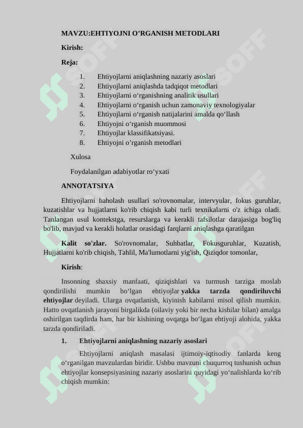 Ehtiyojni oʻrganish metodlari 2