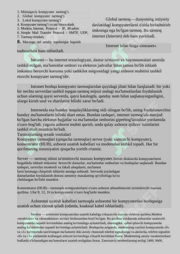 Mintaqaviy va Global kompyuter tarmoqlari va uni himoyalash 3