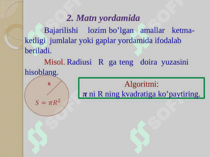 Algoritm va uning  xossalari. Algoritmlarni tasvirlash  usullari 8