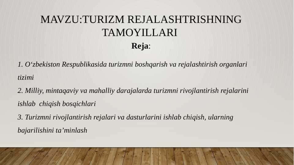 Turizmni rivojlantirish rejalari va dasturlarini ishlab chiqish, ularning bajarilishini ta’minlash