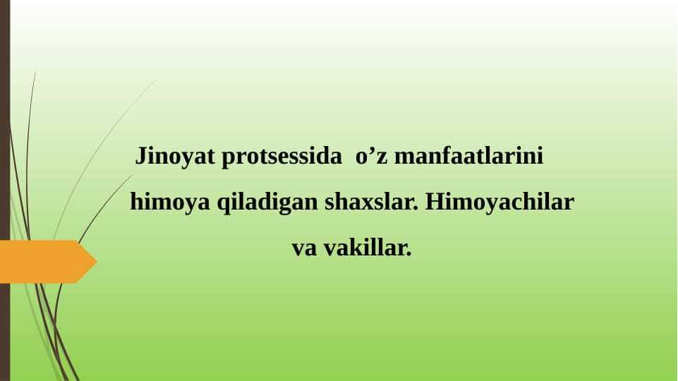 Jinoyat protsessida  o’z manfaatlarini himoya qiladigan shaxslar. Himoyachilar va vakillar
