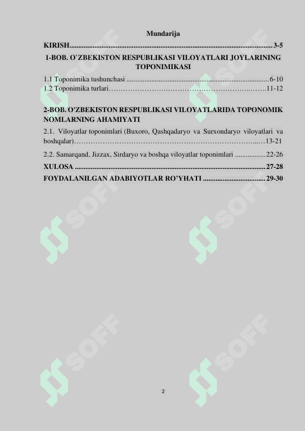 O'ZBEKISTON RESPUBLIKASI VILOYATLARI JOYLARINING TOPONIMIKASI MAVZUSIDAGI BMI 2