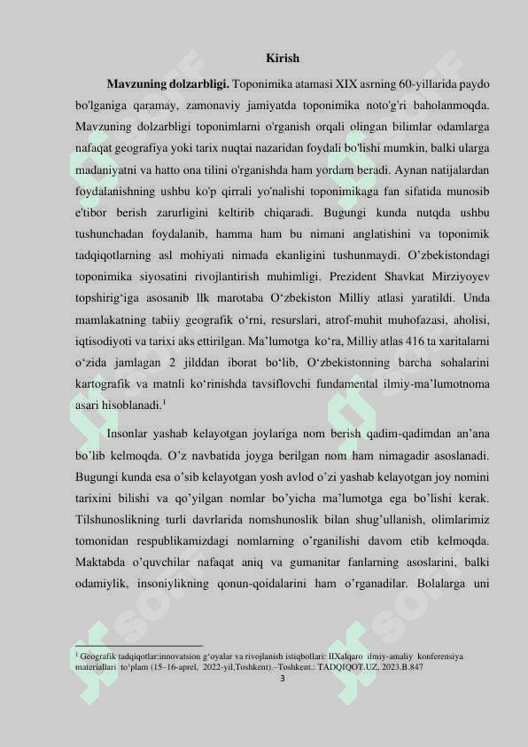 O'ZBEKISTON RESPUBLIKASI VILOYATLARI JOYLARINING TOPONIMIKASI MAVZUSIDAGI BMI 3