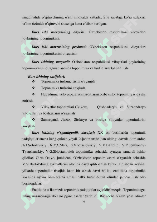 O'ZBEKISTON RESPUBLIKASI VILOYATLARI JOYLARINING TOPONIMIKASI MAVZUSIDAGI BMI 4