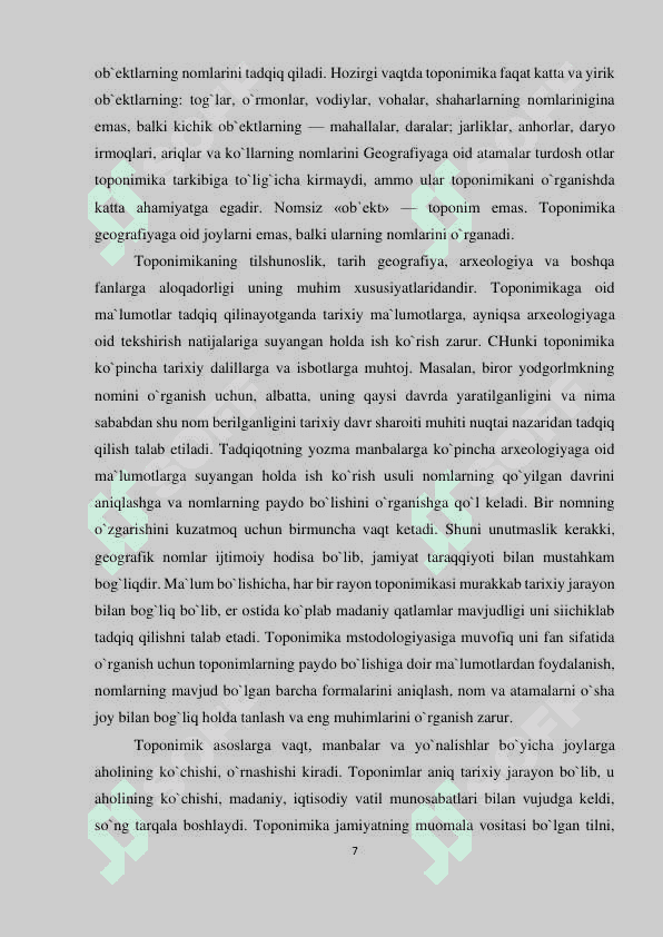 O'ZBEKISTON RESPUBLIKASI VILOYATLARI JOYLARINING TOPONIMIKASI MAVZUSIDAGI BMI 7