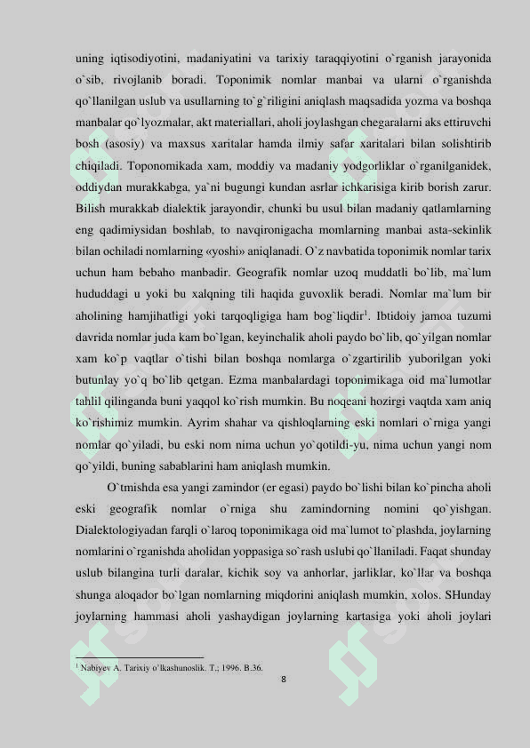 O'ZBEKISTON RESPUBLIKASI VILOYATLARI JOYLARINING TOPONIMIKASI MAVZUSIDAGI BMI 8