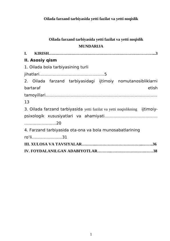 Oilada farzand tarbiyasida yetti fazilat va yetti noqislik