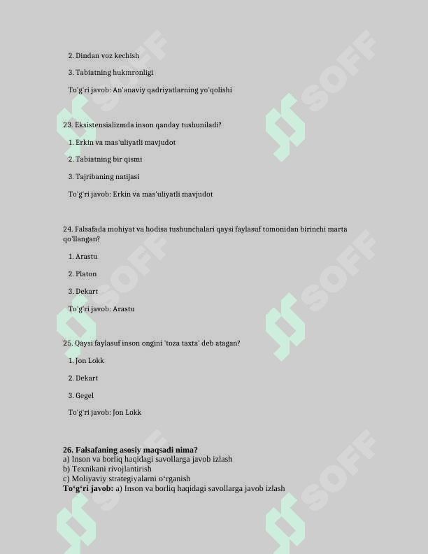 Falsafa fanidan test tuplami savol javoblari bilan 6
