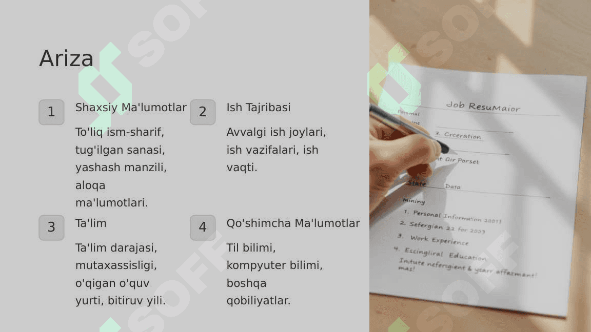 Ariza va tarjimayi holning zaruriy qismlari va yozish namunalari.Tushuntirish xati, bildirishnoma, xizmat xatining yozilish tartibi va namunasi_3 4