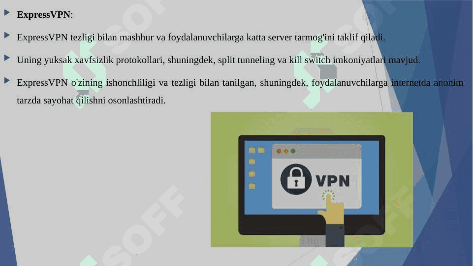 Virtual himoyalangan tarmoq va undan amaliyotda foydalanish (masalan, CyberGhost yoki ExpressVPN misolida). 5