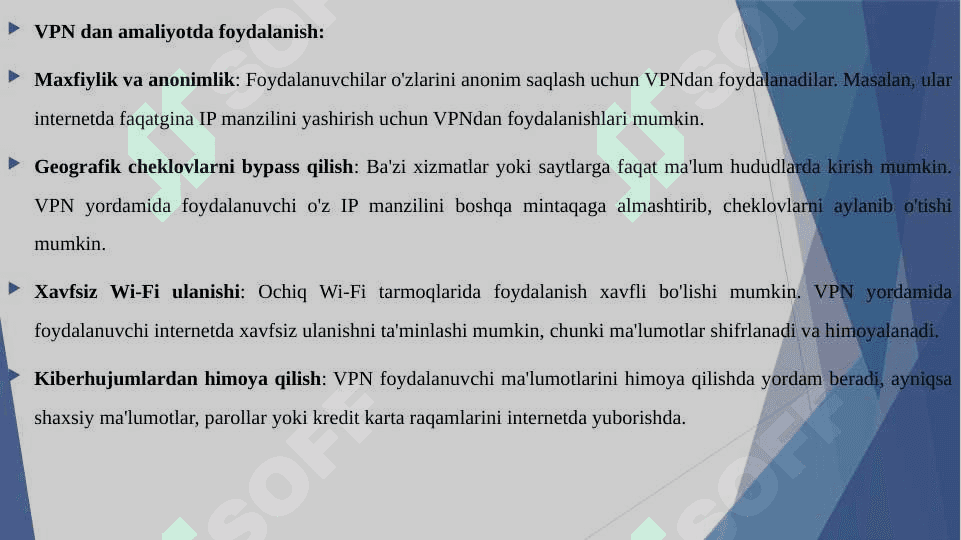 Virtual himoyalangan tarmoq va undan amaliyotda foydalanish (masalan, CyberGhost yoki ExpressVPN misolida). 6