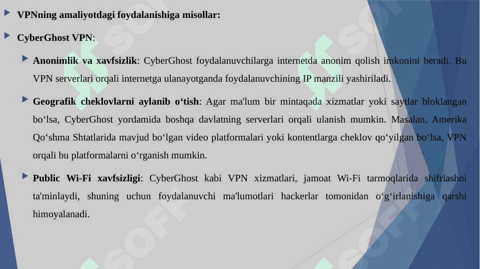 Virtual himoyalangan tarmoq va undan amaliyotda foydalanish (masalan, CyberGhost yoki ExpressVPN misolida). 8