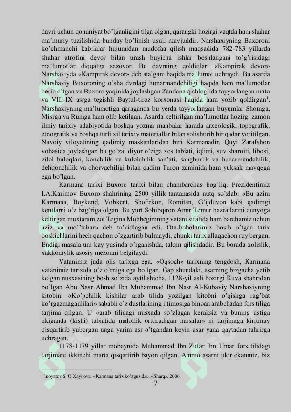 NARSHAXIYNING “BUXORO TARIXI” ASARI MANBA SIFATIDA” MAVZUSIDA TAYYORLAGAN 7