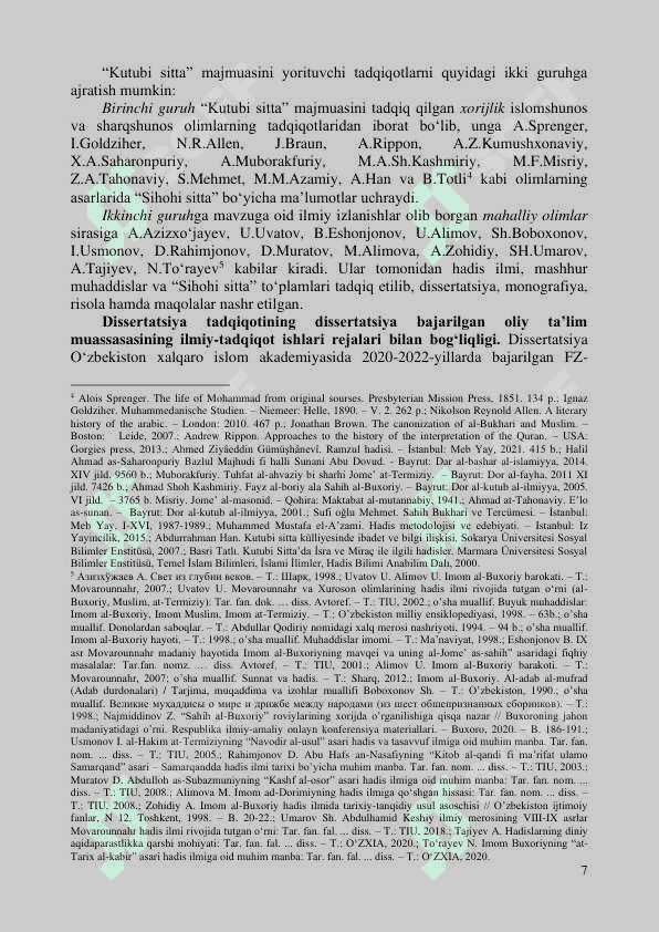 RIZOUDDIN IBN FAXRIDDIN “KUTUBI SITTA VA MUALLIFLARI” ASARINING MANBASHUNOSLIK TAHLILI 7