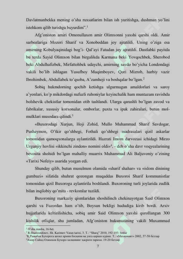 BUXORO RESPUBLIKASIDAGI QARSHILIK KO’RSATISH HARAKATI TARIXIDAN (1920-1924 YILLAR 7