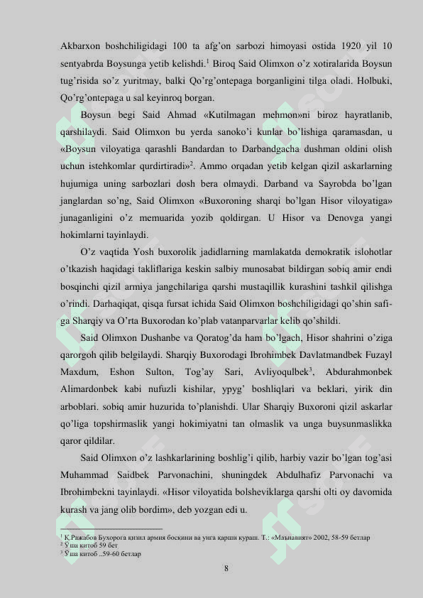 BUXORO RESPUBLIKASIDAGI QARSHILIK KO’RSATISH HARAKATI TARIXIDAN (1920-1924 YILLAR 8