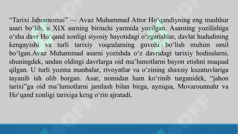 Avaz Muhammad Attor Ho’qandiy “Tarixi jahonnomai” Taqdimot 10 bet. 4