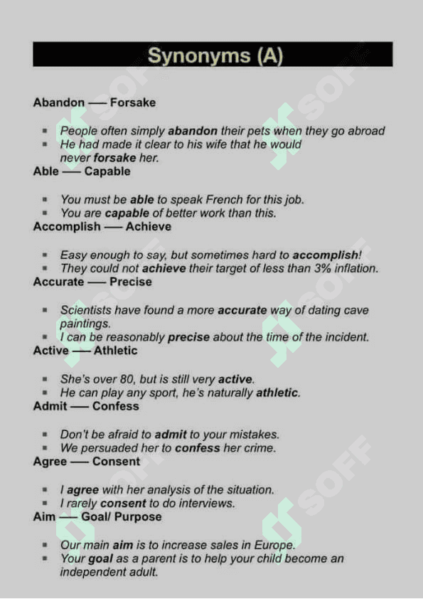 Synonyms Word List A-Z Band 8 or 9. English. 2
