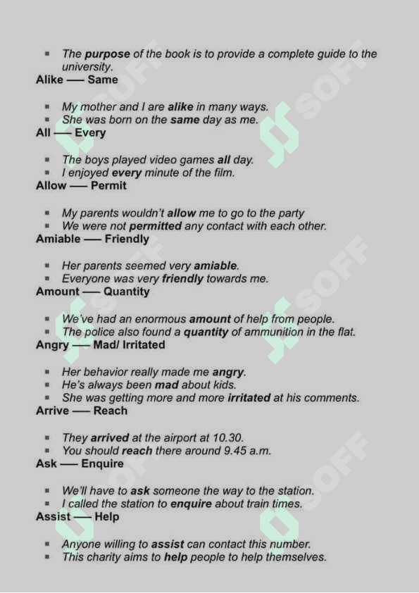 Synonyms Word List A-Z Band 8 or 9. English. 3